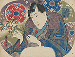 Mitsuuji with Mountain Roses (Yamabuki), from the series “Six Jewel Faces” (Mu tama-gao), Utagawa Kunisada (Japanese, 1786–1864), Uncut fan print; ink and color on paper, Japan